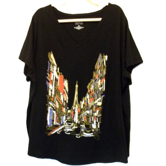 Used Women's 3X Evri Relaxed Fit Black V-Neck Eiffel Tower T-Shirt - Picture 2 of 5